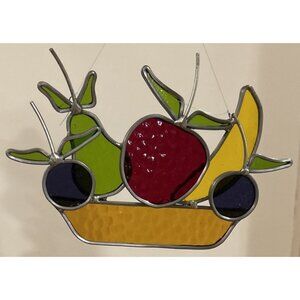 Vintage Stained Glass Sun Catcher Fruit Basket Retro Window Hanging 7" x 4.5"